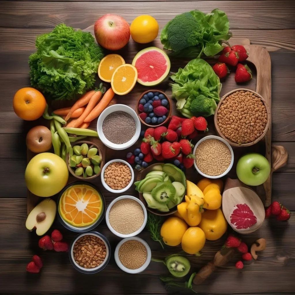 Colorful assortment of fresh fruits, vegetables, grains, and proteins arranged aesthetically