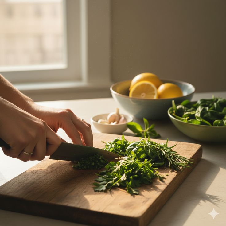 Fresh ingredients being prepared on a cutting board in a home kitchen