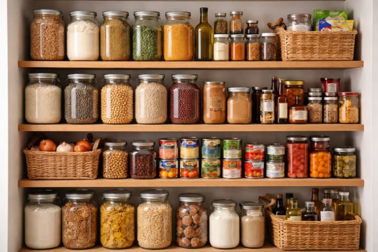 Well-organized pantry shelving with various dried goods, canned items, and cooking essentials